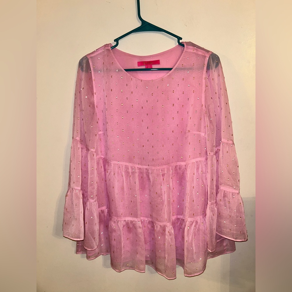 Lilly Pulitzer NWOT Womens Zaze Top Pink Tropics Tint Petite Clip Chiffon Size S